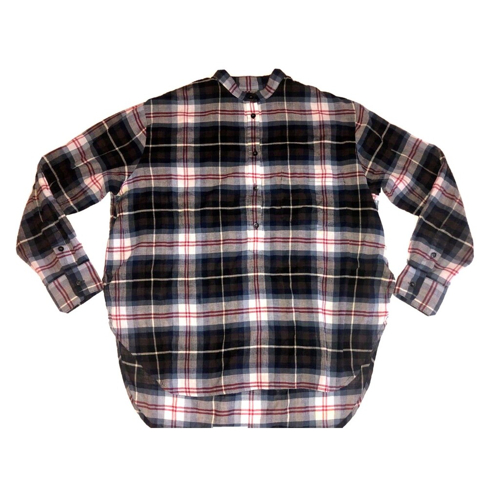 Madewell Women's Top Small Collarless Popover Hi Low Wheaton Plaid Long Sleeve